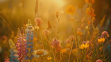 Campo de Cores Closeup com flores silvestres em tarde dourada desfocando em suavidade ao fundo