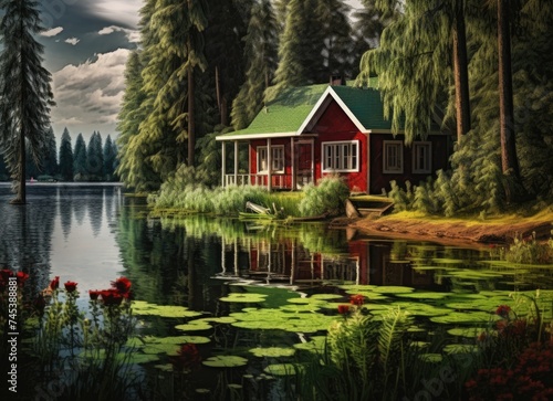 Serene lakeside cottage nestled amidst forest trees at dusk.