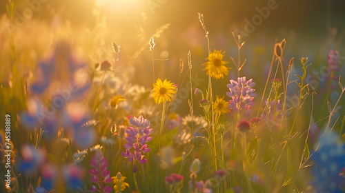 Campo de Cores Closeup com flores silvestres em tarde dourada desfocando em suavidade ao fundo © Alexandre