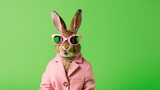 Rabbit with glasses. Close-up portrait of a rabbit. Anthopomorphic creature. A fictional character for advertising and marketing. Humorous character for graphic design.