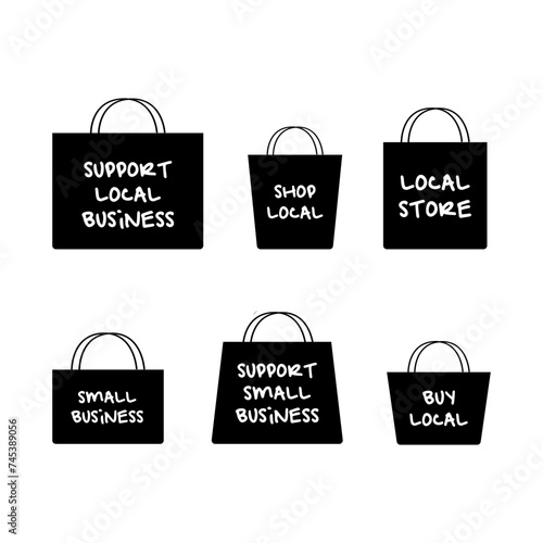 Shop local hand lettering on black shopping bag vector icon set isolated. Support small business.