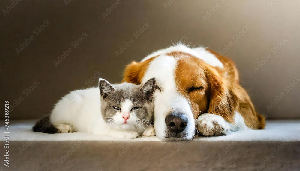 寄り添う犬と猫。ペット。家族。仲良しな犬と猫のイメージ。A dog and cat cuddling. pet. family. An image of a friendly dog and cat. 寄り添う犬と猫。ペット。家族。仲良しな犬と猫のイメージ。A dog and cat cuddling. pet. family. An image of a friendly dog and cat.