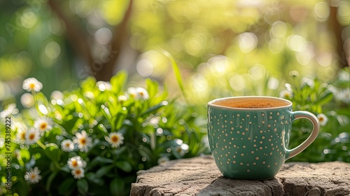Cup of coffee on summer table garden terrace. Background concept