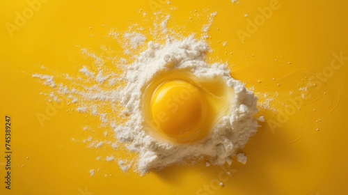 an egg in a pile of powdered sugar on a yellow background with a drop of water coming out of it.