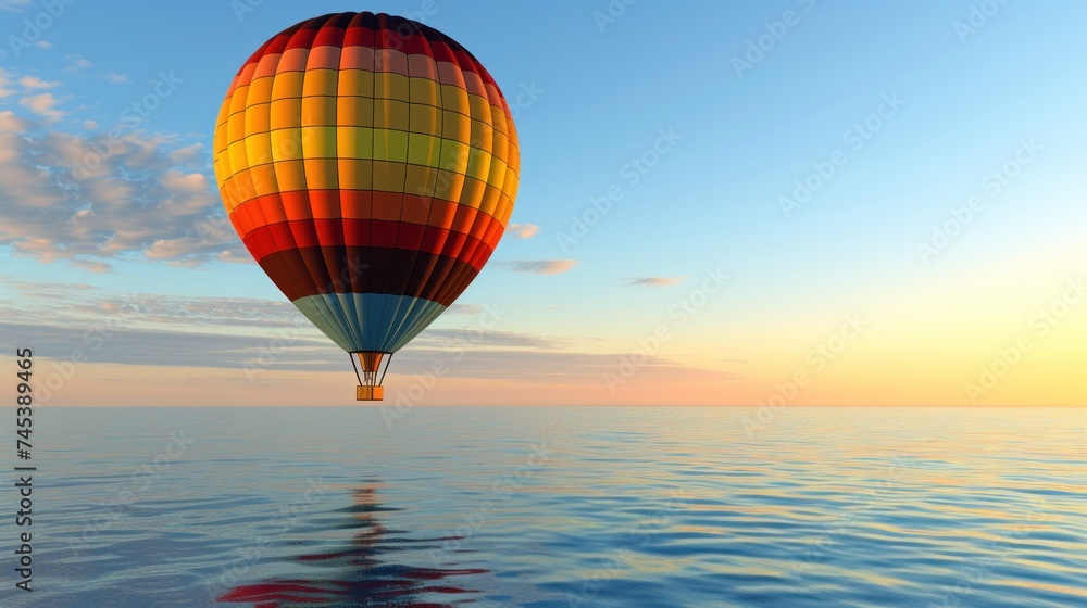 Fototapeta premium a multicolored hot air balloon flying over a body of water with a blue sky and clouds in the background.