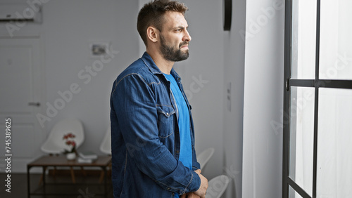 Handsome young hispanic man, lost in thought, peering through the window at the waiting room, portraying a cool but serious expression. indoor portrait showcasing his casual lifestyle.