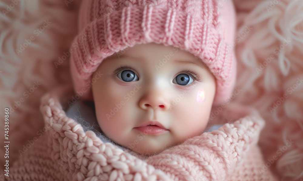 Winter Baby Portrait in Pink Knitwear, Close-Up of Infant with Blue Eyes Winter Baby Portrait in Pink Knitwear, Close-Up of Infant with Blue Eyes