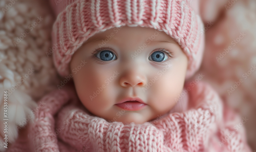 Winter Baby Portrait in Pink Knitwear, Close-Up of Infant with Blue Eyes Winter Baby Portrait in Pink Knitwear, Close-Up of Infant with Blue Eyes