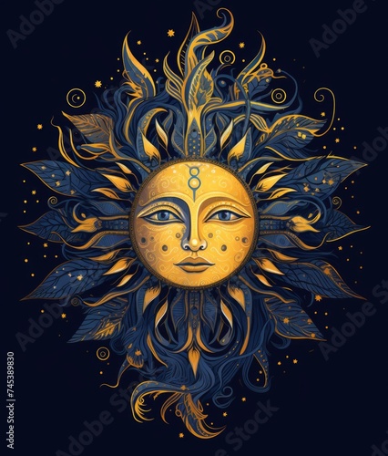 Golden folk-style illustration of a sun with a human face against a blue background.