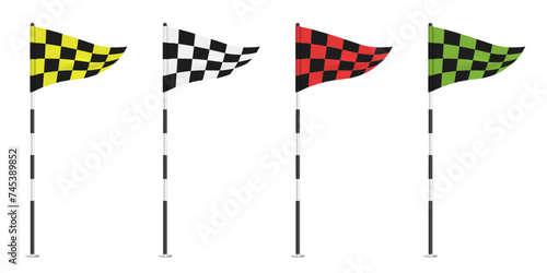 Triangle golf checkered flag waving on a flagpole, colorful vector set isolated on a white background.