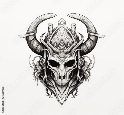 Skull with horns and helmet on white background.