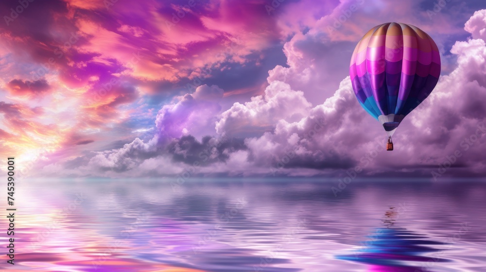 Obraz premium a hot air balloon flying over a body of water under a purple and blue cloudy sky with a few clouds.