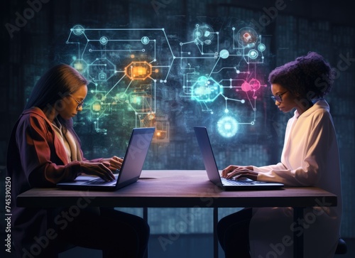 Two female chemists analyzing data on laptops amidst glowing scientific visualizations.