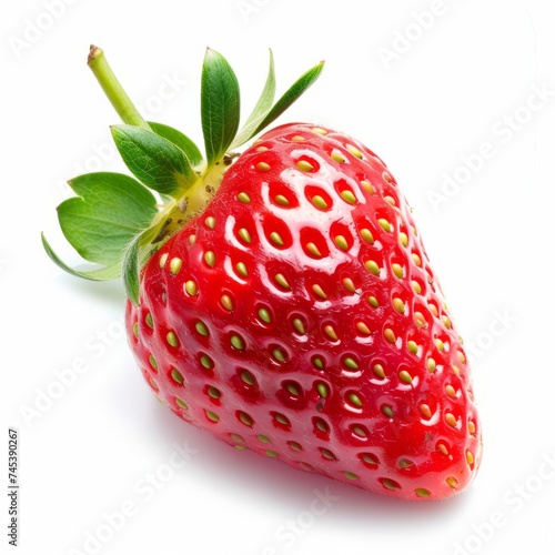 A vibrant red strawberry with green leaves, detailed seeds, isolated on a white background.