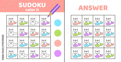 Sudoku. Unicorn. Coloring sudoku with cute unicorn. Squishmallow. Cartoon