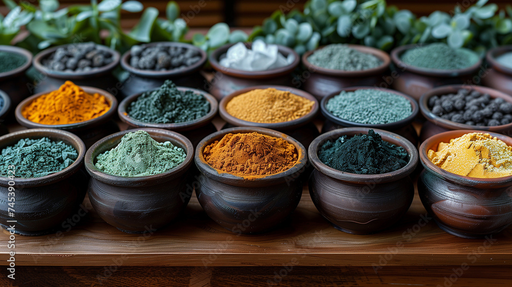 Different type of cosmetic ingredient powder form like clay, maca, curcuma, green tea, matcha powder active charcoal