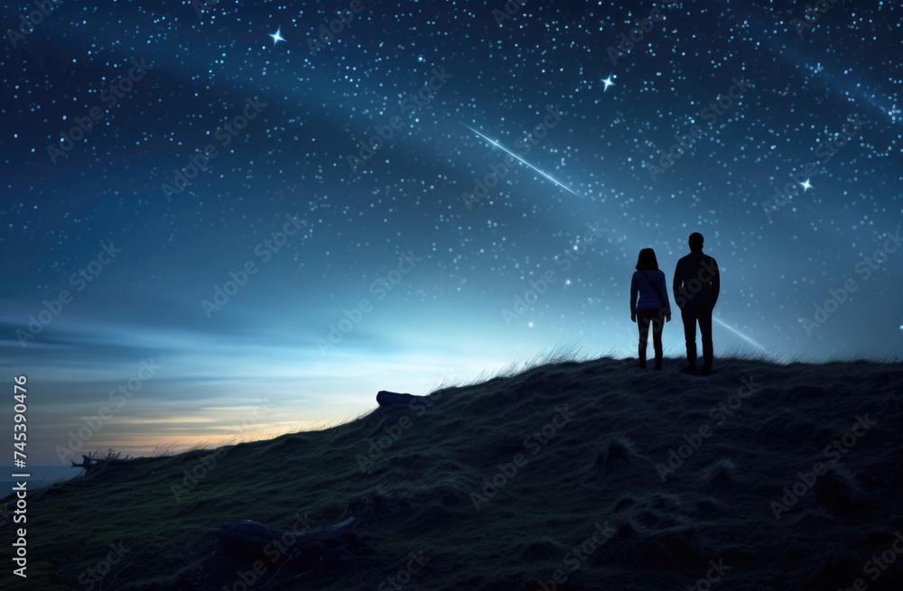 Two people standing on mountain summit at night