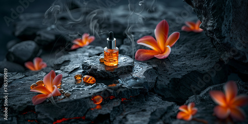 Fictive high end cosmetic brand display photo with a vulcanic thermal water minerals and clay ingredients serums and cream products comercial photo with fresh lava smoke and raw lava stone bloom