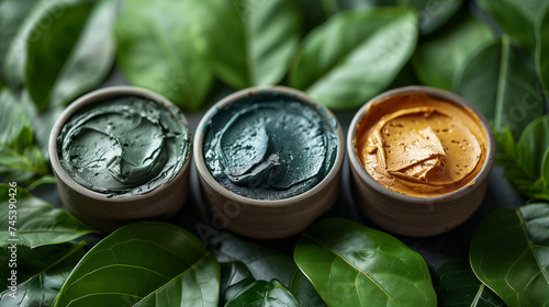 three different type of natural clay facemask between tea leaves fresh handmade cosmetics