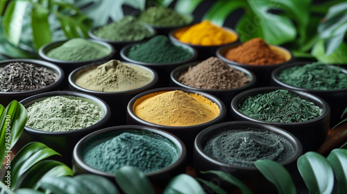 Different type of cosmetic ingredient powder form like clay, maca, curcuma, green tea, matcha powder between tropical leaves photo