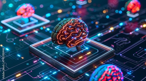 Electronic circuit board or scheme close up. The concept of artificial intelligence. An abstract button designed as a glowing brain. Turn on your mind energy. Technologies of the future. Illustration. photo