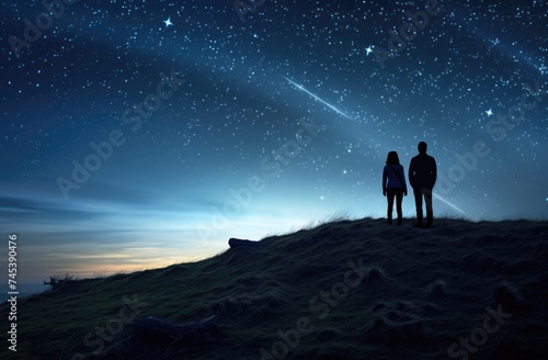 Two people standing on mountain summit at night