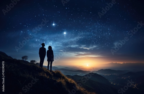 Two People Standing on Mountain Summit at Night
