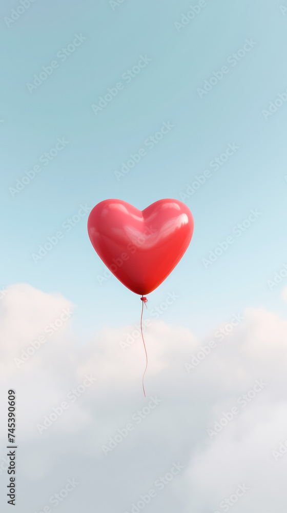 A red heart balloon in the sky. AI Generated