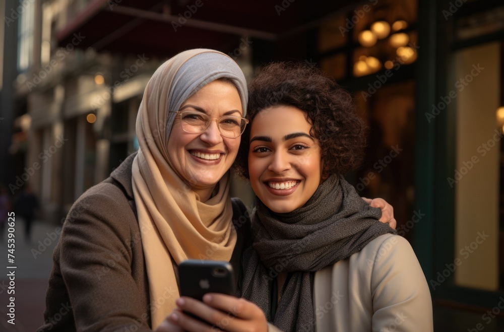 Two smiling women sharing a warm selfie moment in casual attire. Two smiling women sharing a warm selfie moment in casual attire.