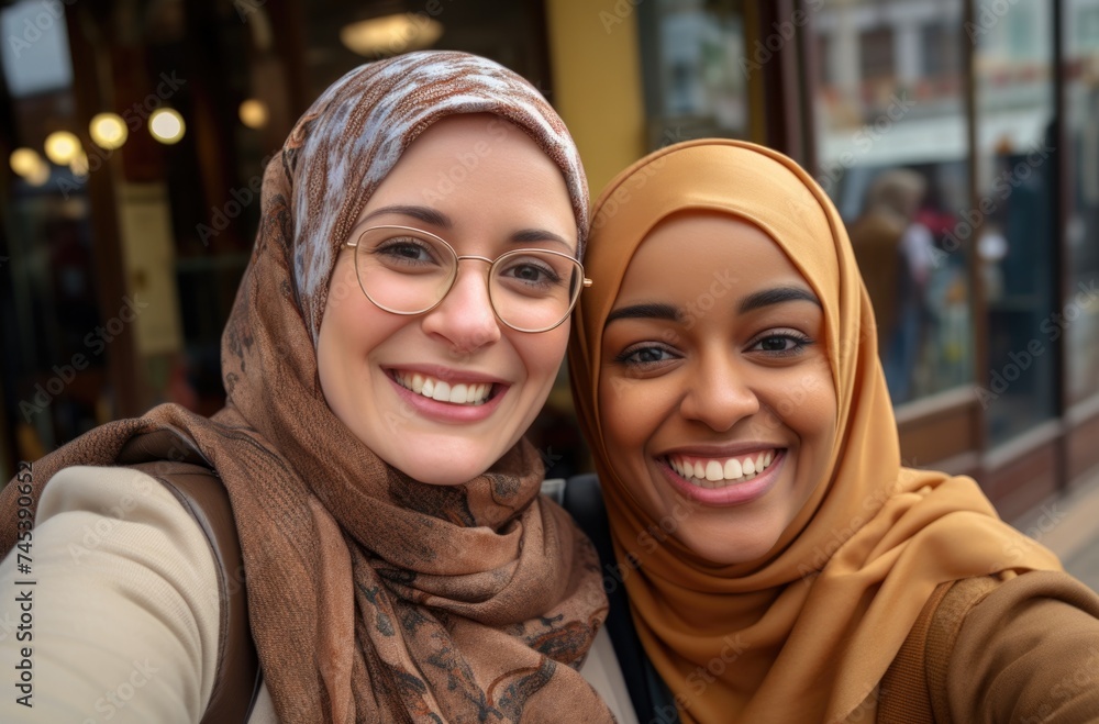 Two smiling women sharing a warm selfie moment in casual attire.