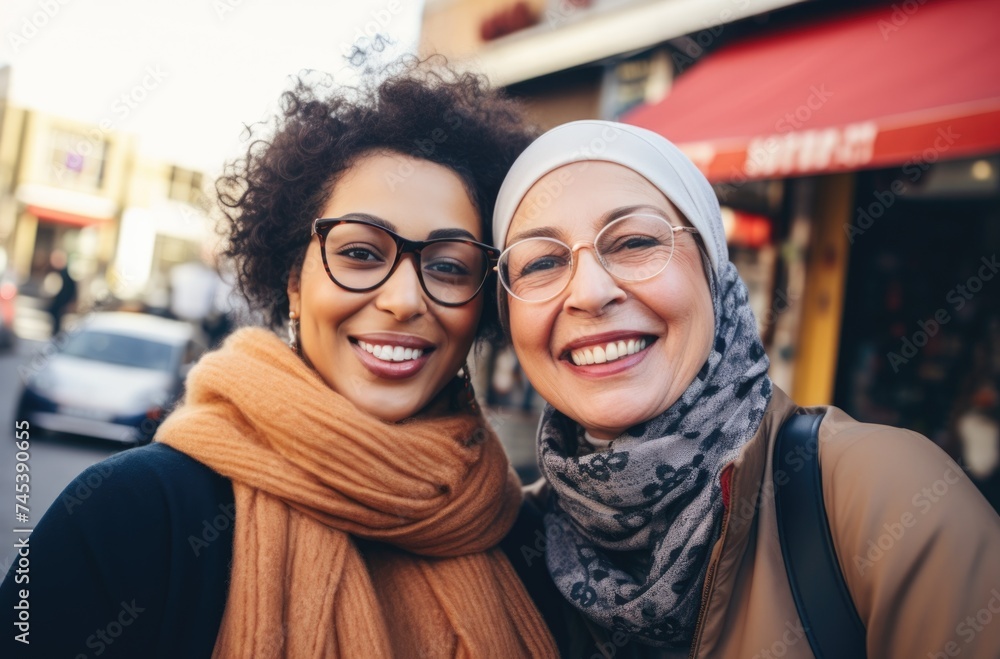 Two smiling women sharing a warm selfie moment in casual attire. Two smiling women sharing a warm selfie moment in casual attire.