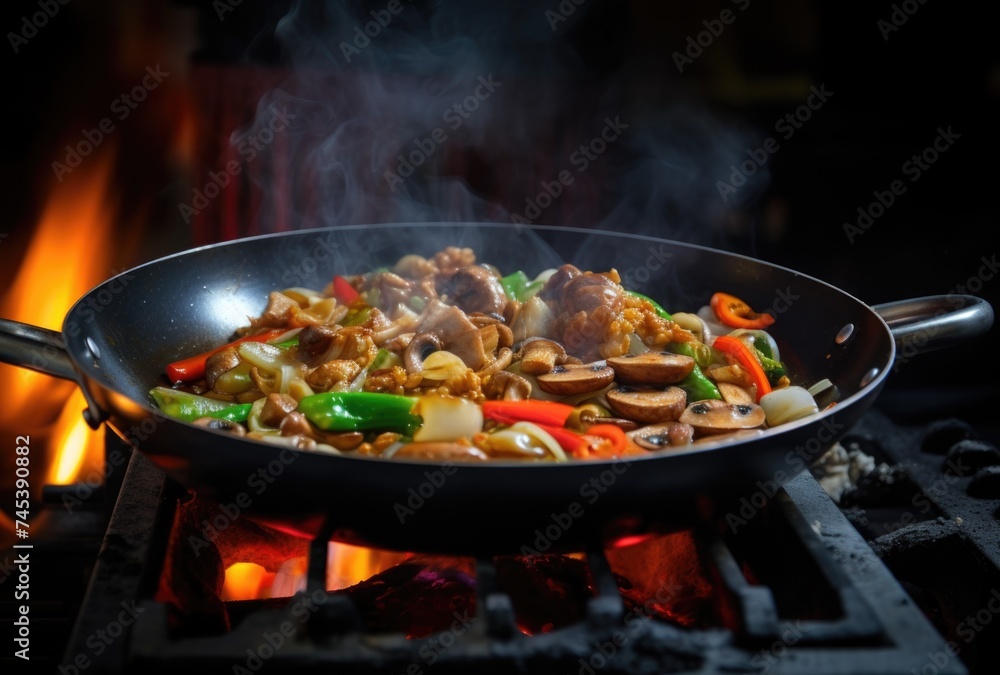 Sizzling vegetable stir fry cooking on a gas stove in a kitchen. Sizzling vegetable stir fry cooking on a gas stove in a kitchen.
