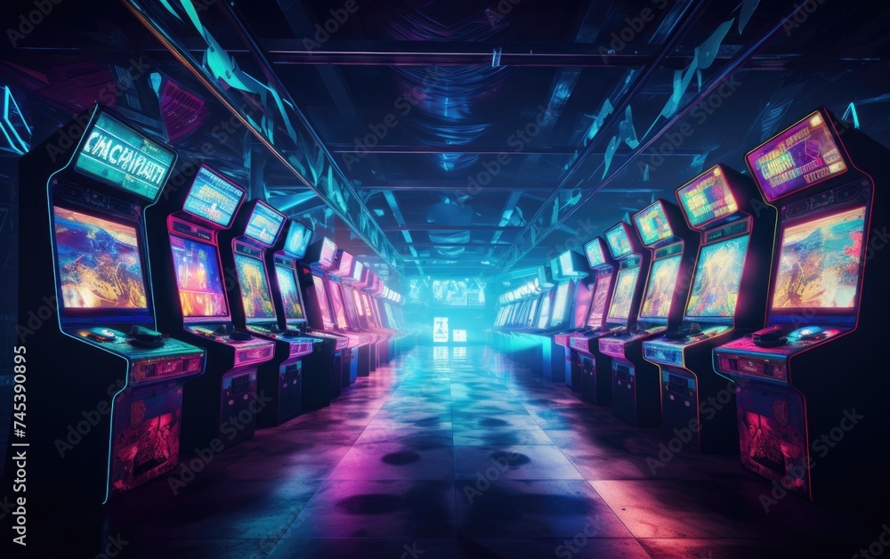 Vibrant arcade hall illuminated with neon lights featuring retro video game machines at night. Vibrant arcade hall illuminated with neon lights featuring retro video game machines at night.