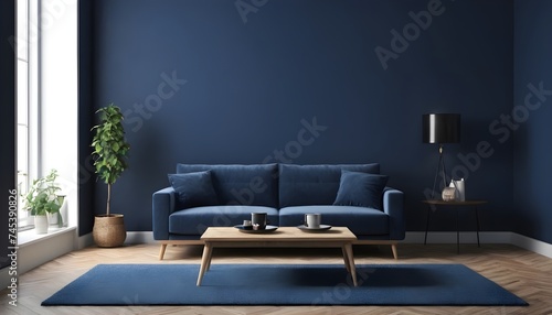 a contemporary living area with a dark blue wall, a blue sofa with a coffee table, and a 3D depiction