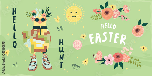 Funny greeting card with cartoon chick in camouflage,boots and glasses.Grunge background with cute character,handwritten Hello Hunt and floral composition.Easter banner with hand drawn elements.