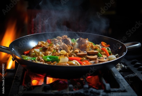 Sizzling vegetable stir fry cooking on a gas stove in a kitchen.