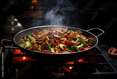 Sizzling vegetable stir fry cooking on a gas stove in a kitchen.