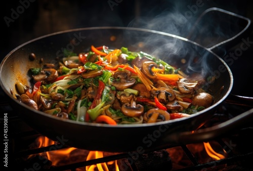 Sizzling Vegetable Stir Fry Cooking on a Gas Stove in a Kitchen