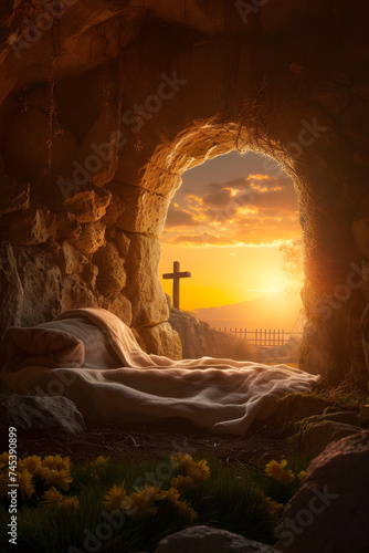The empty tomb of the crucifixion of Jesus. Easter or resurrection motif.