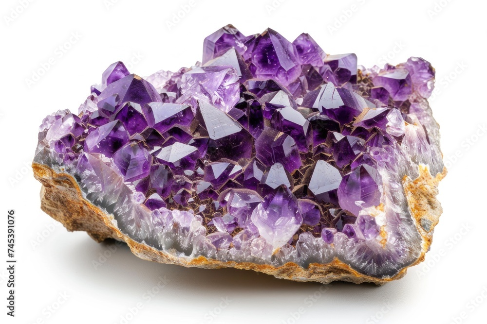 Close-up view of a vibrant amethyst geode with deep purple crystals and natural rock base.