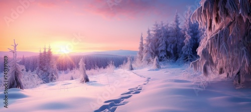 Serene winter sunrise by a frozen lake surrounded by snow covered trees.