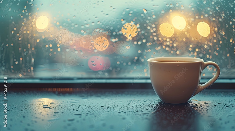 Rainy summer day morning with cup of coffee on window. Background concept - obrazy, fototapety, plakaty 