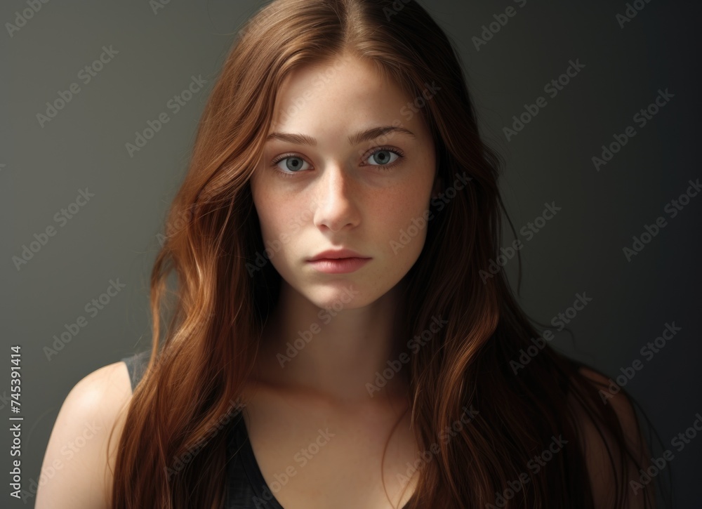 Young woman with long brown hair standing in a tank top indoors. Young woman with long brown hair standing in a tank top indoors.