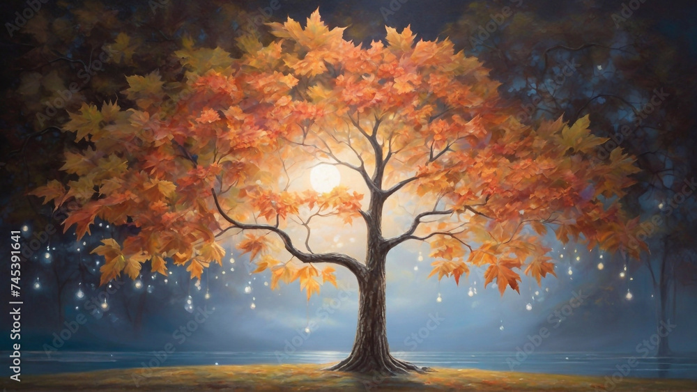 Autumn landscape with maple tree. moon light bulbs, watercolor illustration.