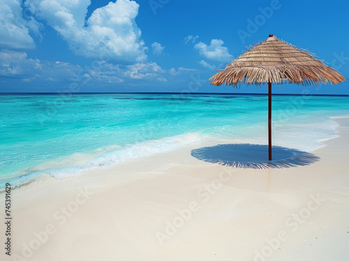 Straw umbrella on tropical sandy beach of ocean shore in the Maldives. Piece of paradise. © TKalinovskaya
