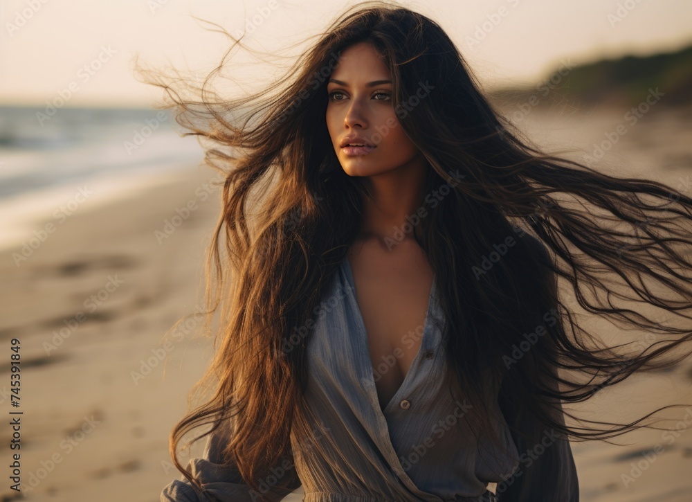 Woman standing on beach by ocean. Woman standing on beach by ocean.