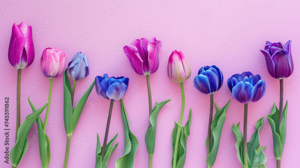 a group of purple and pink tulips on a pink background with green stems on each side of the tulip. - obrazy, fototapety, plakaty 