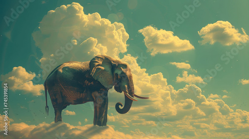 an elephant standing in the middle of a cloud filled sky with a blue sky and white clouds in the background.