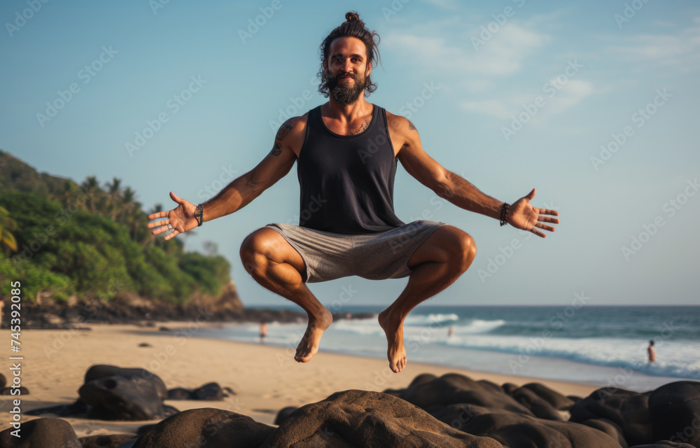 Man in mid-air performing yoga on a sunny beach at dawn. Man in mid-air performing yoga on a sunny beach at dawn.