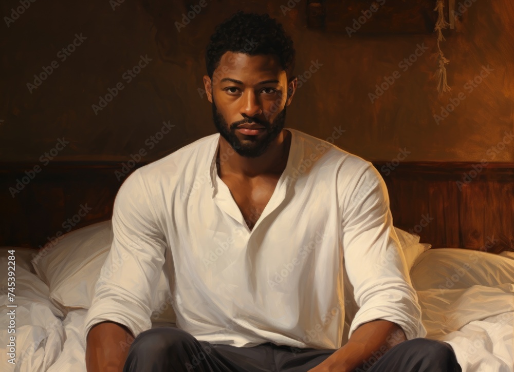 Young black man sitting on bed. Young black man sitting on bed.